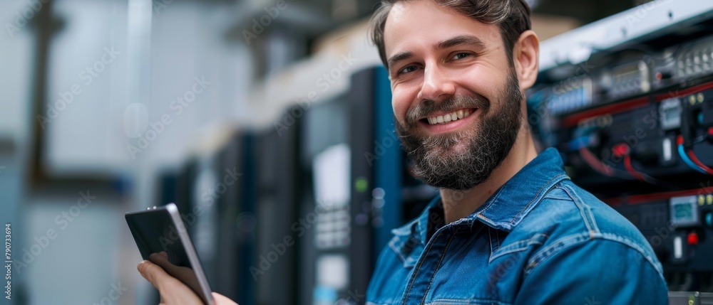Poster the smiling it specialist is using a tablet computer while working at a big server farm in a cloud c