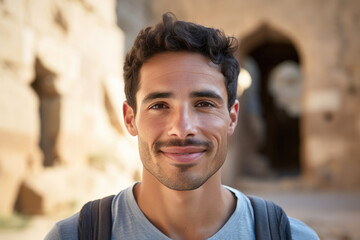 Friendly Explorer: Handsome Young Middle Eastern Man Traveling in Historic Site