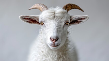 Obraz premium close up Head of white horned goat on white background