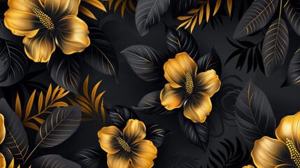 Beautiful botanical isolated design element, tropical black and gold flower on dark background. Beautiful botanical isolated design element, exotic medinilla magnifica on stem and leaves.