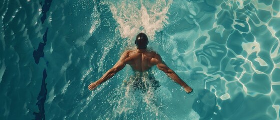 The Aerial Top View shows a male swimmer swimming in a swimming pool while practicing front crawling and freestyle techniques for the championship. - obrazy, fototapety, plakaty