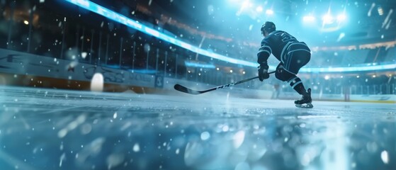 Pro Hockey Player Shoots the Puck with Hockey Stick on Ice Hockey Rink Arena. Wide Shot with Blur Motion Effect. Dramatic Lighting.