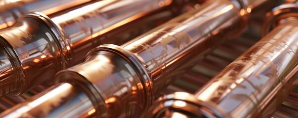 Naklejka premium stack of shiny copper plumbing pipes on a white background.