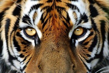Close Up of a Tigers Face With Yellow Eyes - obrazy, fototapety, plakaty