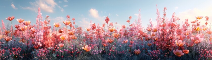 Obraz premium A field of pink flowers with a blue sky in the background