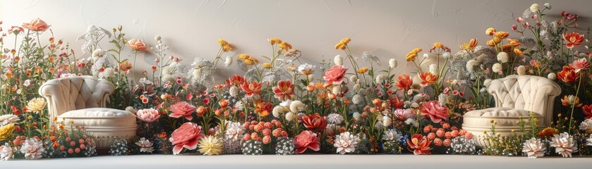 A wall of flowers with two white chairs in the foreground