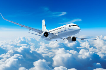 A white airplane is flying through the sky with a blue sky in the background.