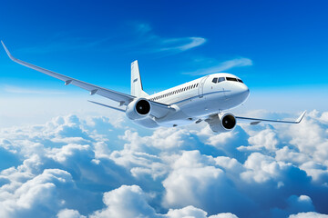 Obraz premium A white airplane is flying through the sky with a blue sky in the background.