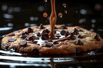 Pouring Milk on a Chocolate Chip Cookie. Generative AI - obrazy, fototapety, plakaty