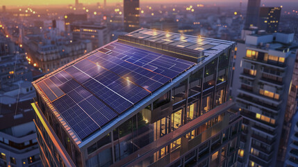 An image of the installation of solar panels on the roof of a large office building in the city center. 