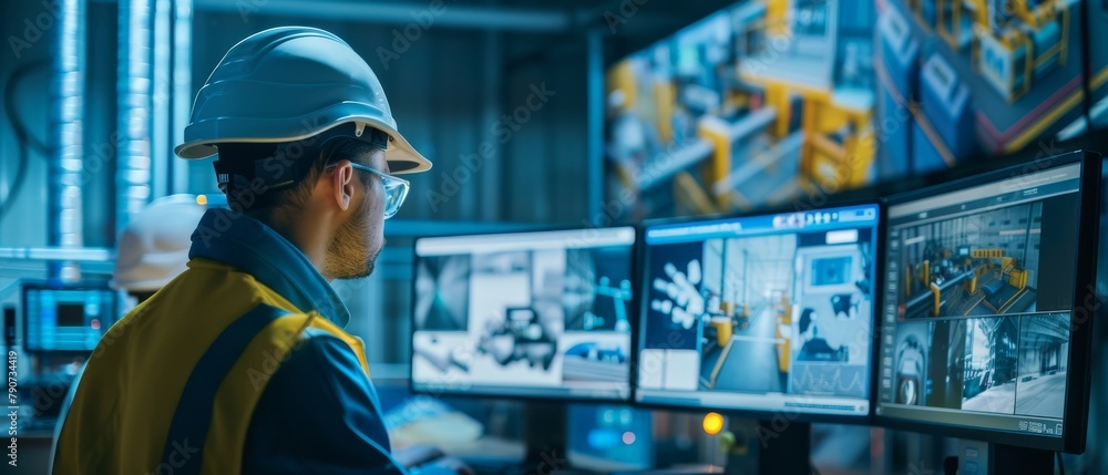 Poster an industry 4.0 modern factory: a security operator controls the proper operation of the workshop pr