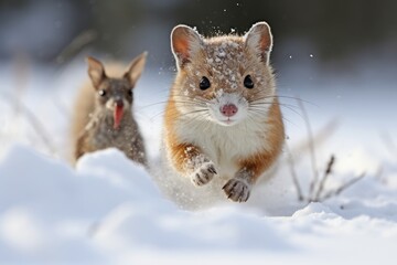 A stoat agilely pursuing a rabbit through the snow. - obrazy, fototapety, plakaty