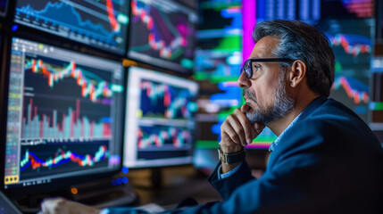 Focused trader studies financial charts on multiple computer monitors, deeply engrossed in data analysis.
