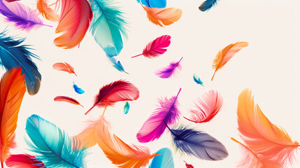 Fototapeta na wymiar Colorful feathers scattered on a neutral white background. 
