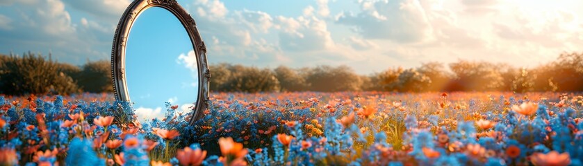 A large mirror is in the middle of a field of flowers - obrazy, fototapety, plakaty