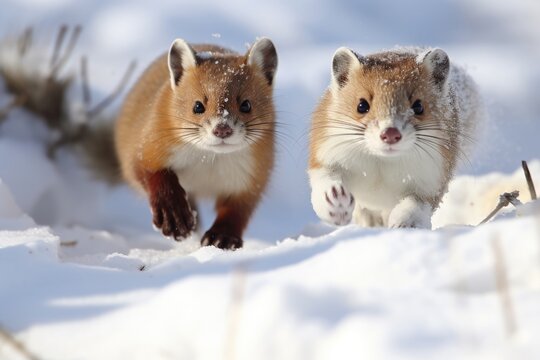 A stoat agilely pursuing a rabbit through the snow.