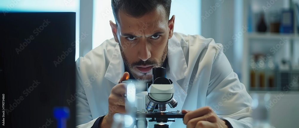 Poster handsome latin scientist looking under microscope while doing sample analysis under microscope. youn