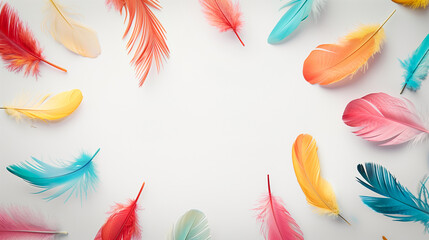 Colorful feathers scattered on a neutral white background with space for text.  - Powered by Adobe