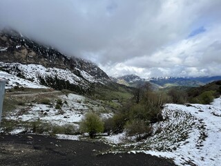 Tseylomsky pass in Ingushetia. A trip uphill to the Tsei Loam pass on a cloudy spring day. Panorama...