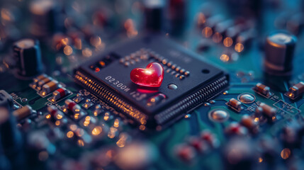 Small red heart rests on a complex circuit board, offering a conceptual contrast between technology and emotion.