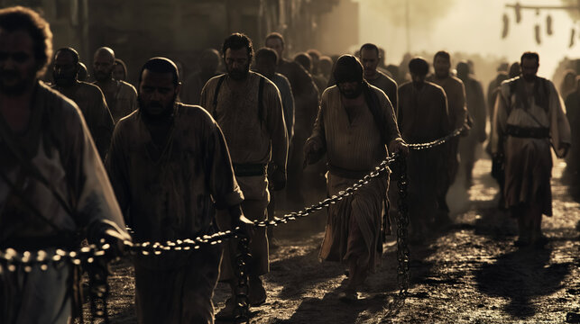 Cinematic portrayal of a group of men chained together, walking through a dusty, sunlit environment, evoking a historical or dramatic scene.