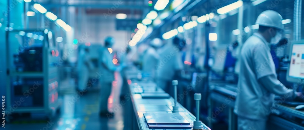 Poster the leading edge factory: a team of engineers, professionals, and workers work on assembly and produ
