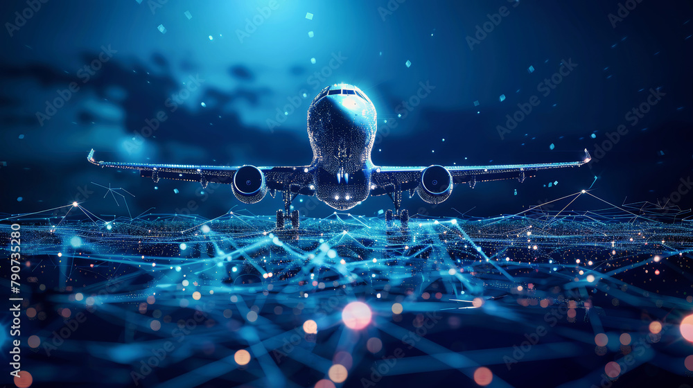 Poster a sleek airplane soars gracefully above a intricate network of lines and dots, creating a beautiful 