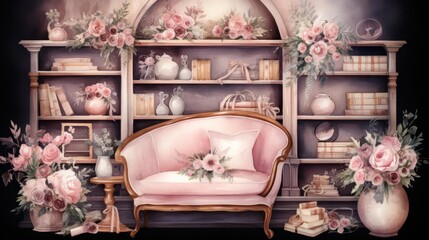 A pink sofa in a library with pink flowers and bookshelves.