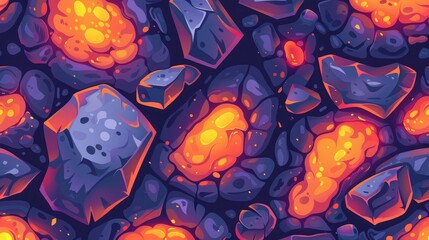 Colorful volcanic eruption backgrounds with hot molten magma in cracks, flowing liquid and rocks, Cartoon modern illustration. - obrazy, fototapety, plakaty