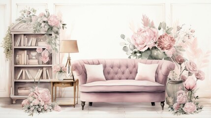A pink sofa sits in a white room with a pink and white floral pattern on the walls. There is a bookshelf on the left side of the sofa with books and flowers on it. There is a table on the right side o