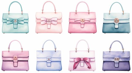 A set of watercolor handbags with different pastel colors and cute details.