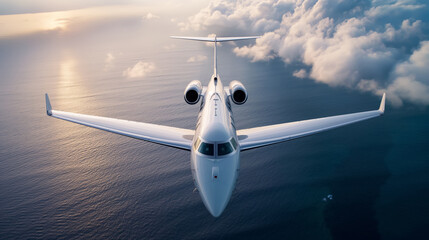 Private jet soars gracefully over calm ocean waters during a beautiful sunset, symbolizing luxury travel.