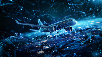 A 3D illustrated airplane soars above a city at night, its lights reflecting off the cityscape below as it gracefully navigates the skies