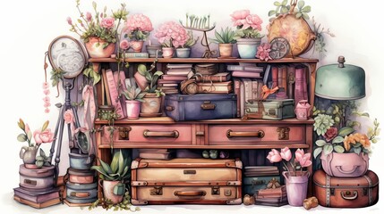 A watercolor painting of a cluttered bookshelf with pink flowers, green plants, and suitcases.