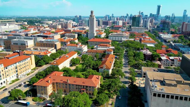 Austin, Texas United States - UT clock Tower of the university of texas - 8 June 2023 - (Aerial drone view in 4K )
