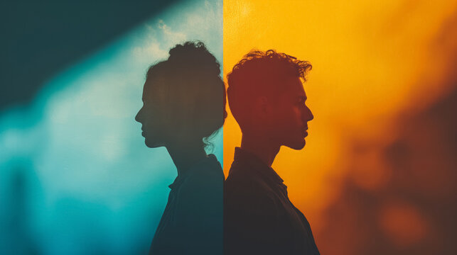 Creative dual silhouette of profiles against a split blue and orange background, suggesting duality or contrast.