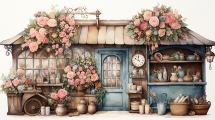 A watercolor painting of a flower shop with a blue door.