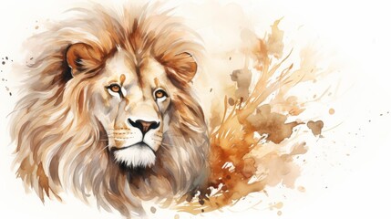 A watercolor painting of a lion's face with a white background