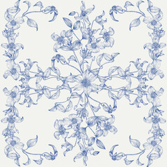 Toile art Floral vector vintage seamless pattern flowers of Clematis blue on a beige. Hand drawn background, square ornamental composition.Monochrome. Textiles, paper, wallpaper decoration