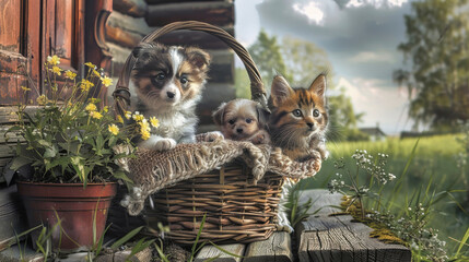 Two adorable kittens sit side by side in a cozy basket on a wooden deck, gazing out with wide eyes full of curiosity - obrazy, fototapety, plakaty