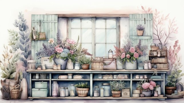 A watercolor painting of a shabby chic potting bench with flowers and gardening tools.