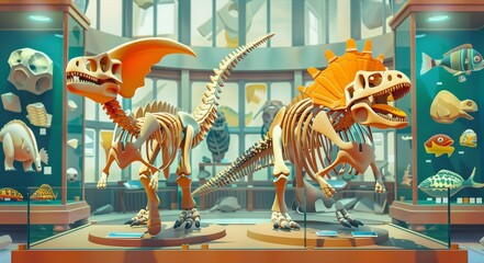 Paleontology exhibition with prehistoric extinct animals' bones, stone age tools, and fossil dinosaur and fish skeletons. Cartoon illustration.