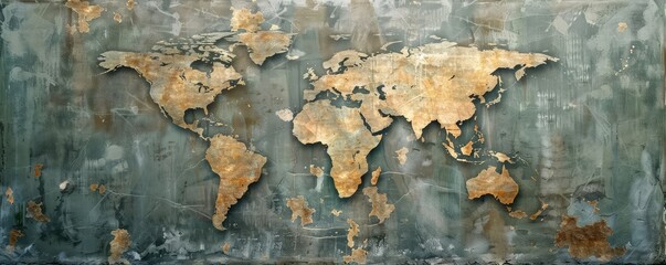 Rustic World Map on Distressed Metal Texture. banner