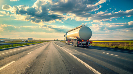 A mammoth fuel tanker truck cruises along the highway, transporting industrial petroleum products to their destinations