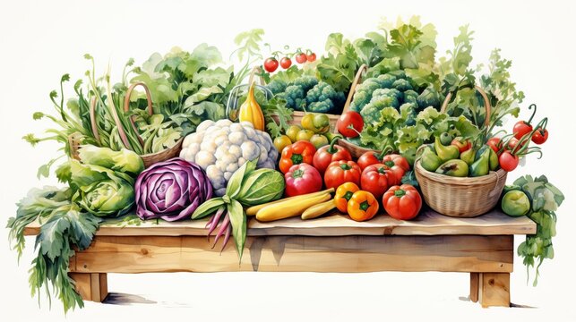 A watercolor painting of a wooden table with a variety of vegetables on it, including tomatoes, peppers, cauliflower, cabbage, and lettuce.