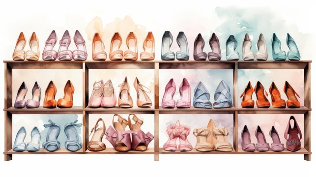 An illustration of a wooden shoe rack with many different colorful shoes on it.