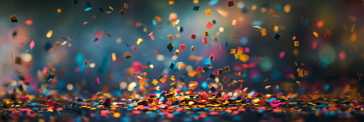 Colorful pieces of confetti scatter across the scene, capturing the high energy and vibrancy of a celebratory moment. - obrazy, fototapety, plakaty