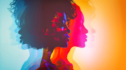 A womans profile stands out against a vibrant multicolored background, reflecting diversity and beauty