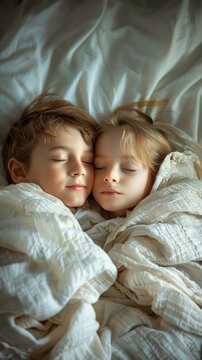 Sleepy kids nestled in a bed sheet fortress, gentle, essence of childhood sleepovers 