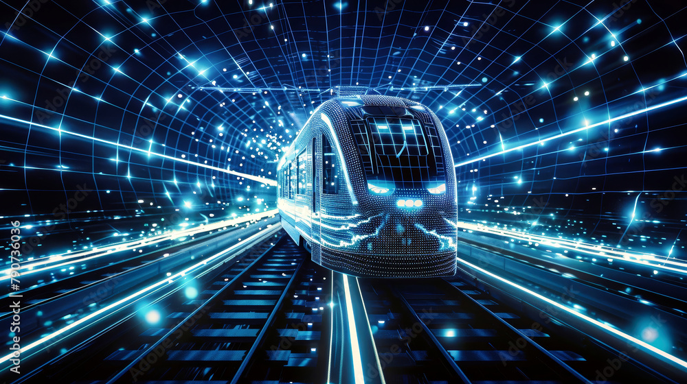 Poster a modern passenger train glides through a tunnel pulsating with colorful lights, creating a mesmeriz